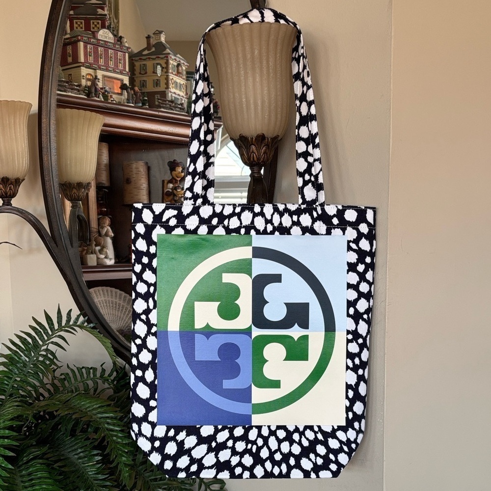 Brand New Tory Burch Ella Logo Navy Snow Leopard Canvas Tote Bag Office Laptop
